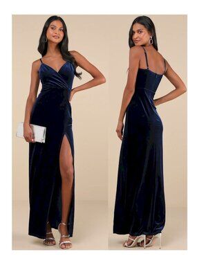 Lulus Graceful Glamour Navy Blue Surplice Maxi Dress Size Large NWT